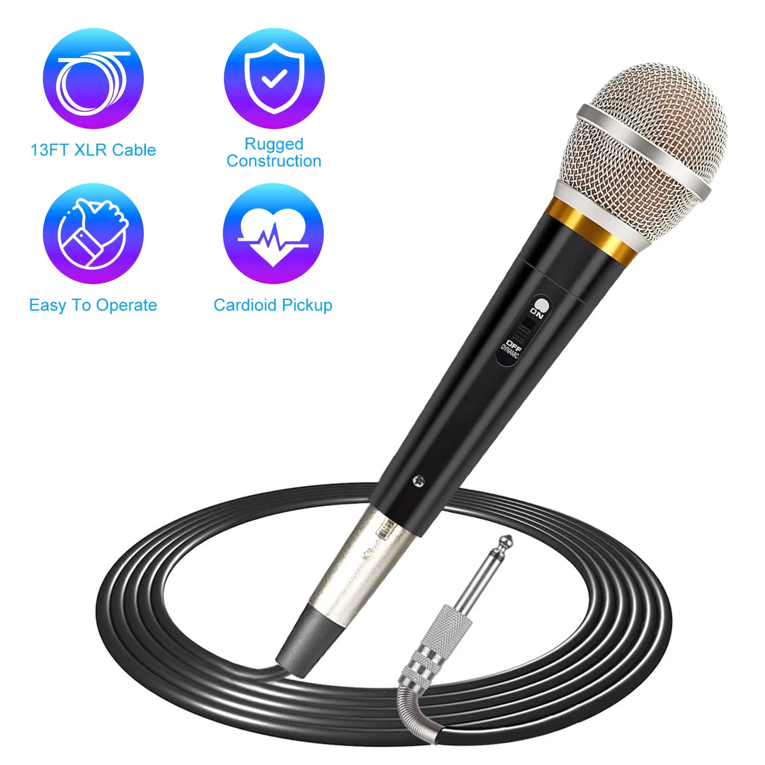 Handheld Dynamic Microphone Wired XLR Microphone With On Off 13ft Detachable XLR Cable Professional Studio &amp; Live Performance Cardioid Mic For For Karaoke Vocals Podcasting Recording