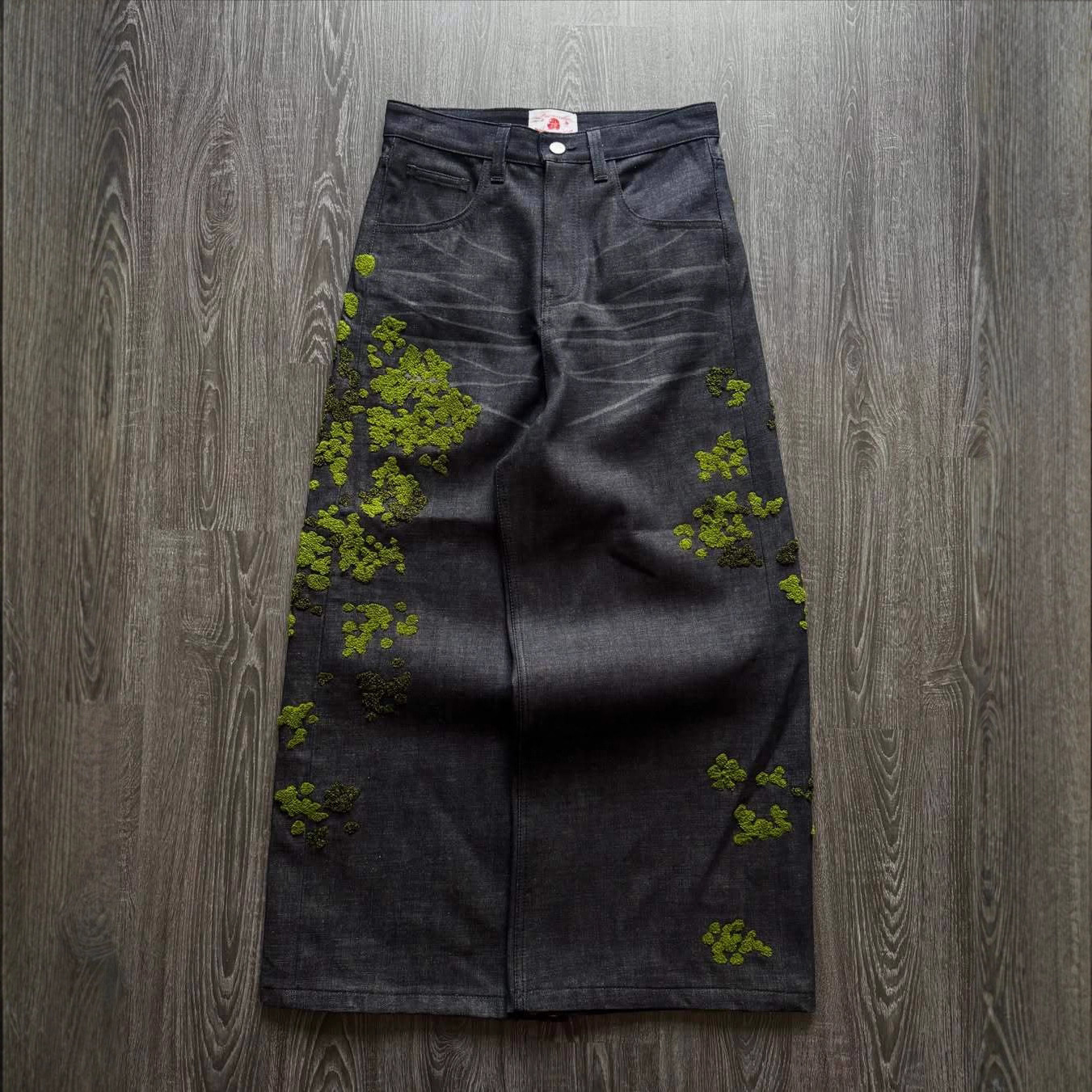 Street-style Denim Straight-leg Pants With Floral Embroidery