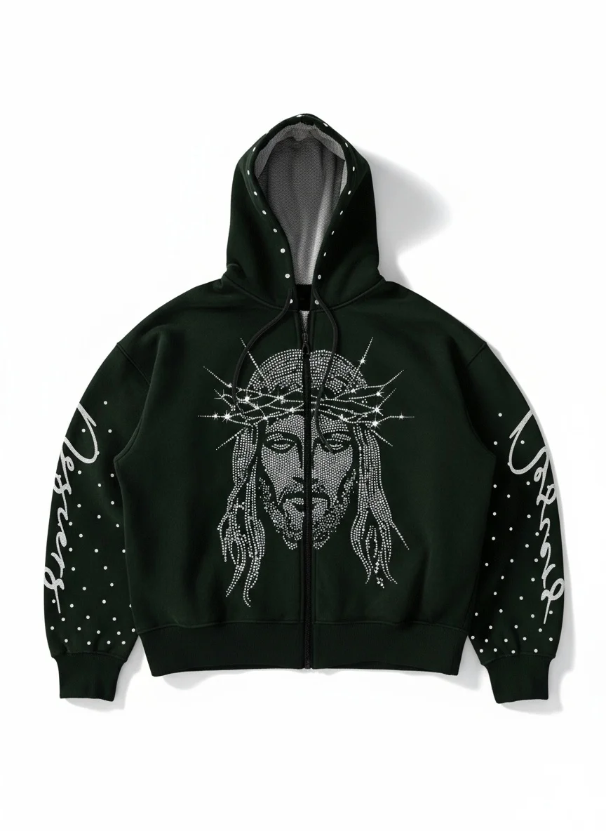 A loose hoodie with a three-dimensional pattern of diamond-encrusted figures in the European and American fashion street style f
