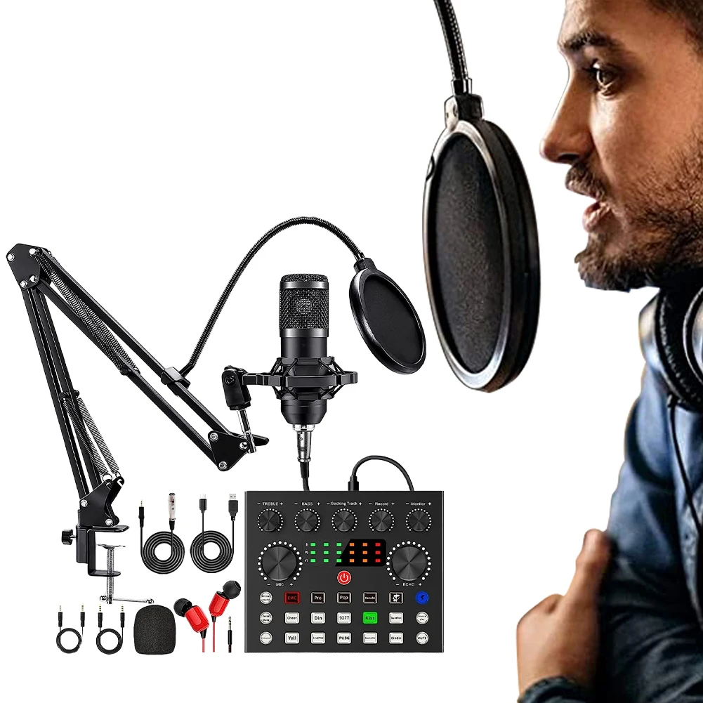 Podcast Equipment Bundle with BM800 Microphone and V8 Sound Card Podcast Equipment Metal Shock Mount Perfect for Phone PC DJ alt