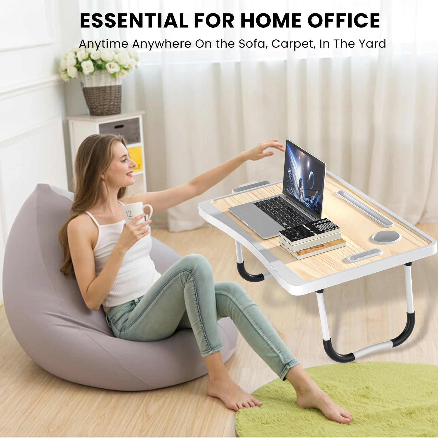 Extra-large multifunctional folding desk, portable multi-color wooden laptop bed desk with cup holder, suitable for work, readin alt