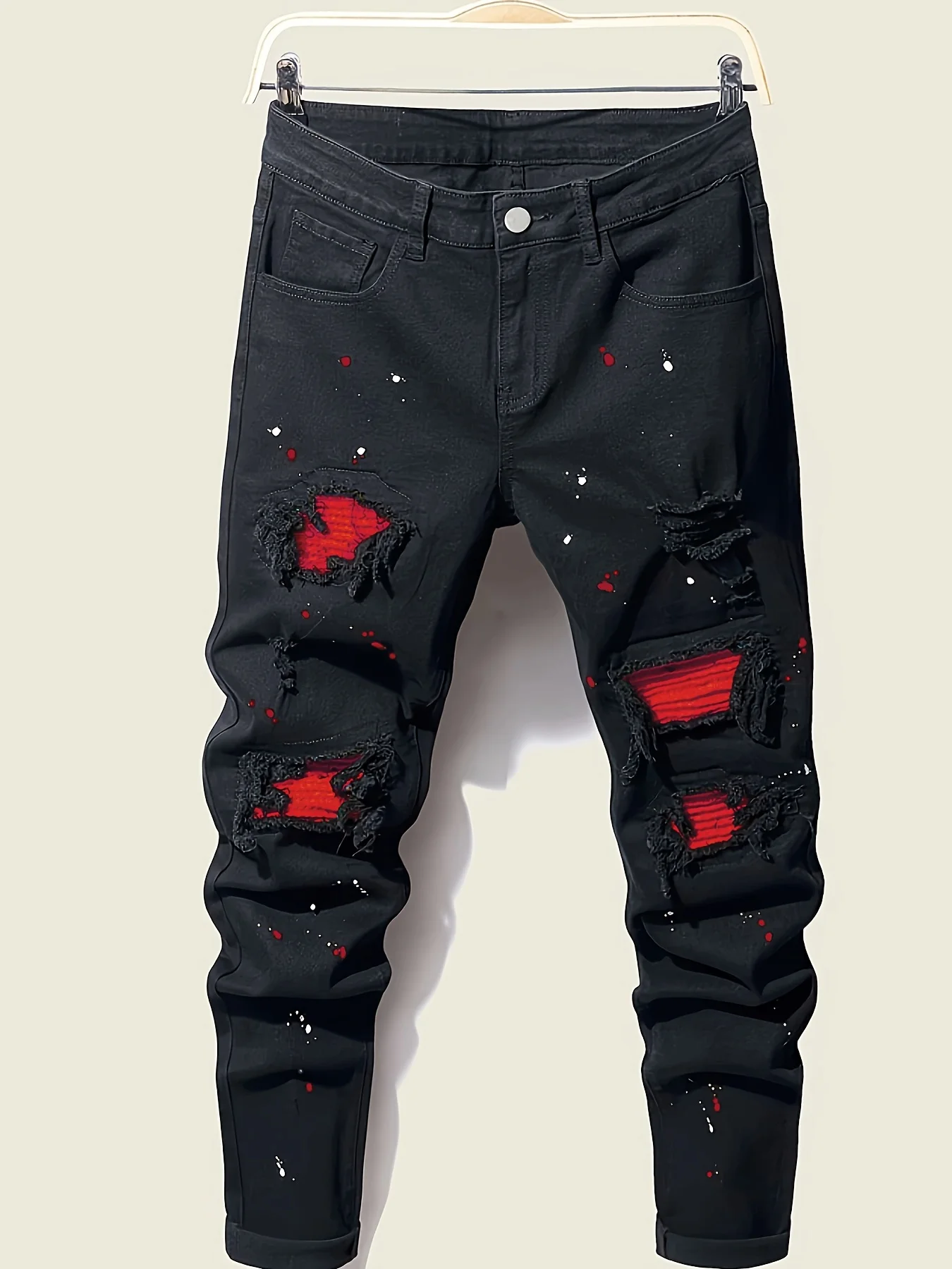 Men's splatter-paint patchwork jeans, ripped jeans, slim-fit stretch jeans, all-season jeans, suitable as a gift for boyfriends