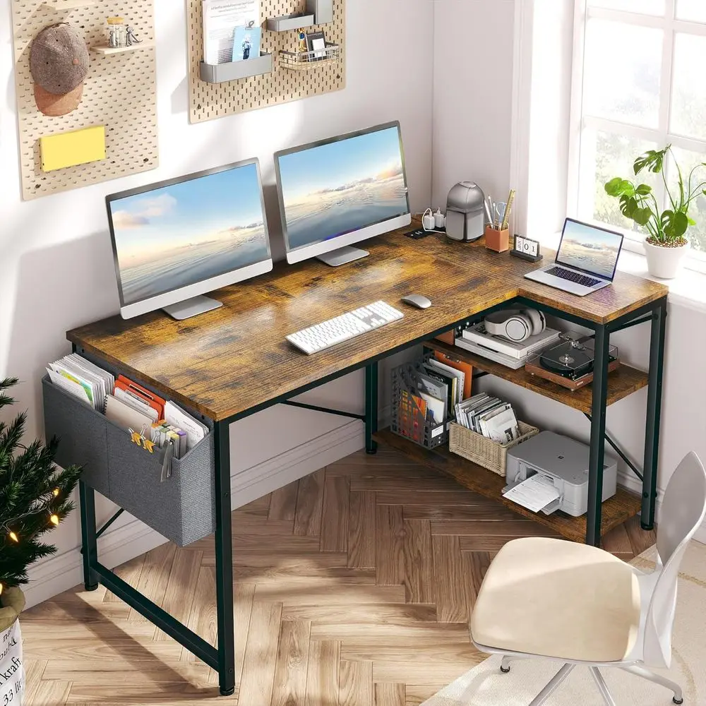 Brown Corner L-Shaped Computer Desk with Power Outlets and Reversible Storage, Ideal for Small Home Office Spaces Customized alt