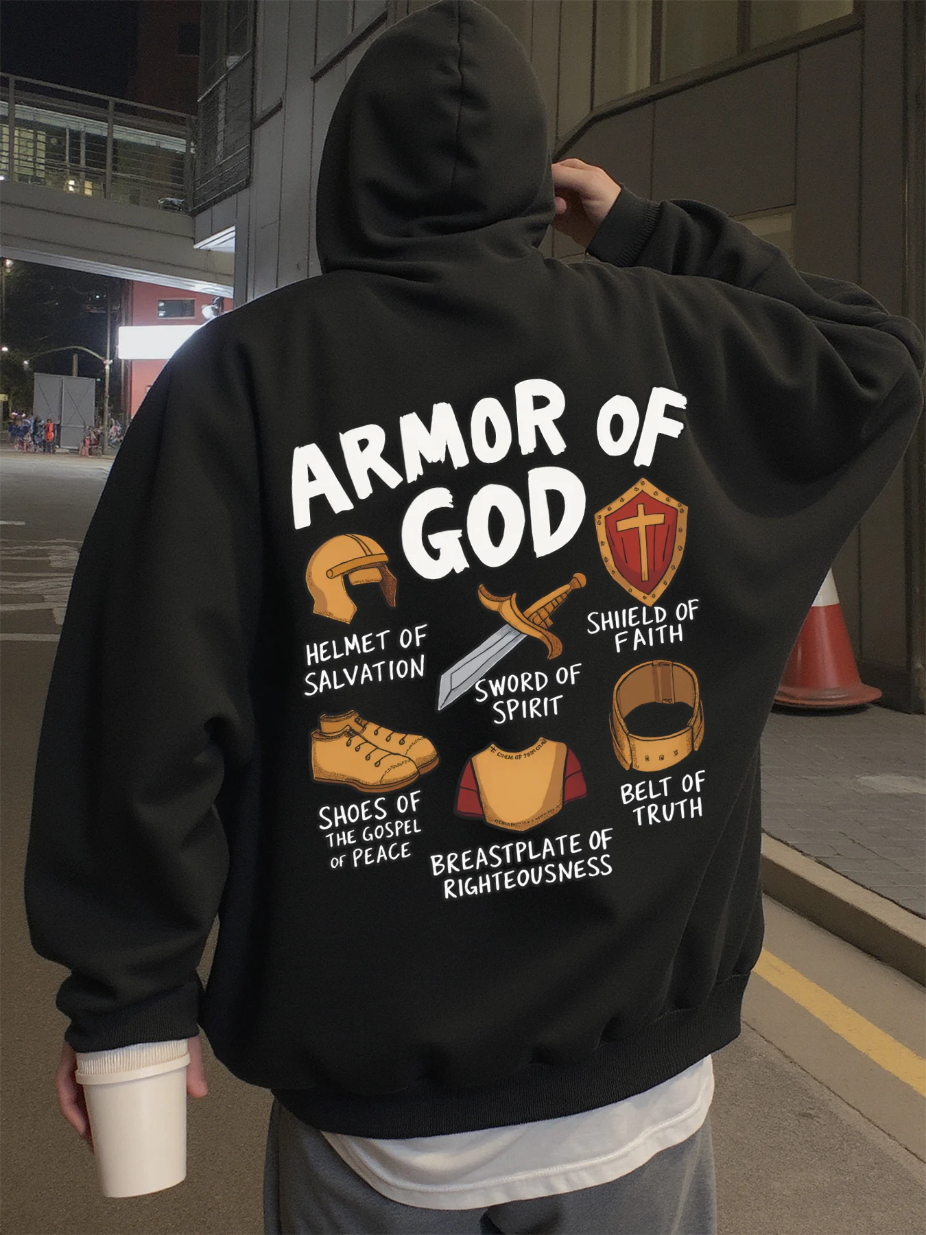 Hoodie for Men Streetwear, "Armor of God" Print, Christian Graphic Hoodies for Men, Suitable for Wearing in Spring, Autumn, and Winter