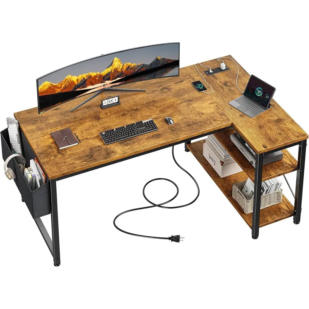 Brown Corner L-Shaped Computer Desk with Power Outlets and Reversible Storage, Ideal for Small Home Office Spaces Customized
