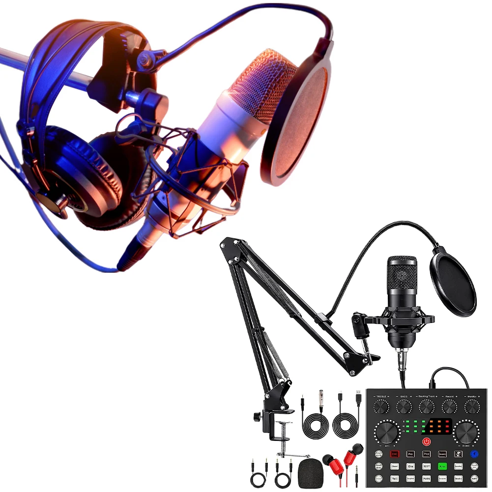Podcast Equipment Bundle W/ BM800 Microphone V8 Sound Card for Streaming