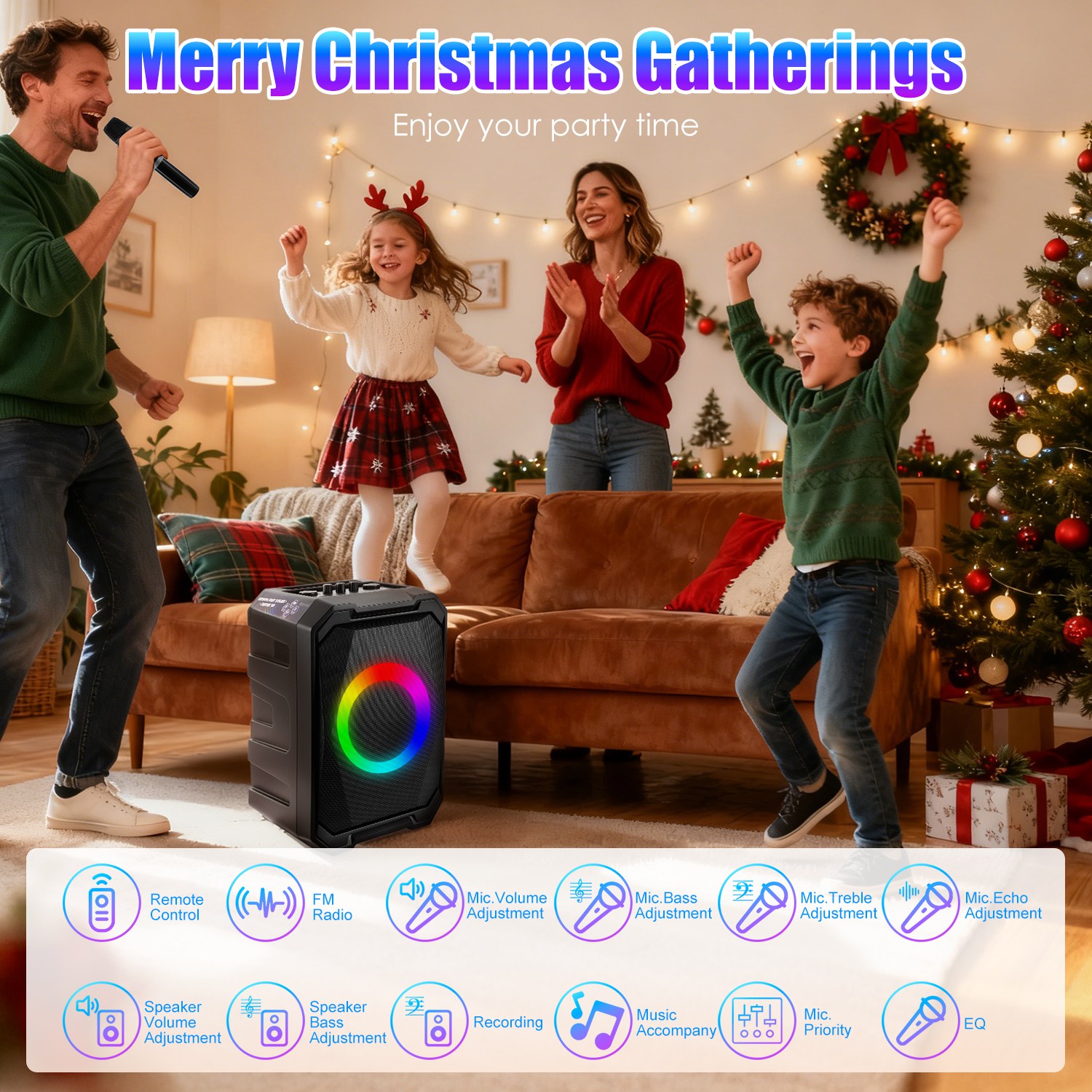 1Pc Portable Wireless Party Speaker With LED Light 2 Wireless Mics Remote Control TWS Music Accompany Mic. Priority Bass Echo Mic Treble Guitar In alt